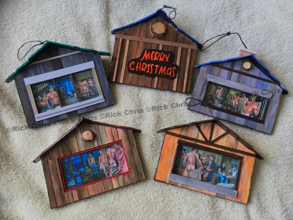 RickChris2's tweet photo. Over the years it's been my tradition to send out my handmade gayish ornaments as Xmas gifts including 3D versions of my paintings.  This year, advised to avoid public contact I decided it would be best not to make trips to the post office.  Maybe next Xmas. https://t.co/wsqv9egVPw