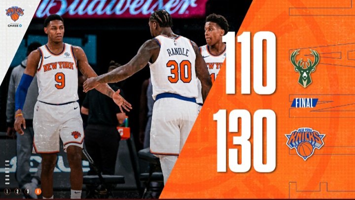AnalizzNBA's tweet photo. ☑ Yine SÜRPRİZ..
Knicks, Giannisli Milwauke' yi 130-110 skorla mağlup ederek gecenin bir diğer sürprizine imza atti. Tuhaf..
Maçın en skorerleri:
◽Randle: 29s, 14rb, 7ast
◾Giannis: 27s, 13rb, 5ast https://t.co/DH7um7Yy1m