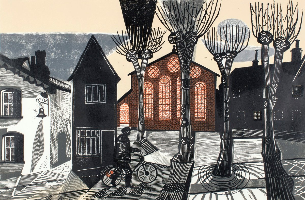 'Town Hall Yard', Edward Bawden, linoleum cut printed in colours on wove paper, 1956.