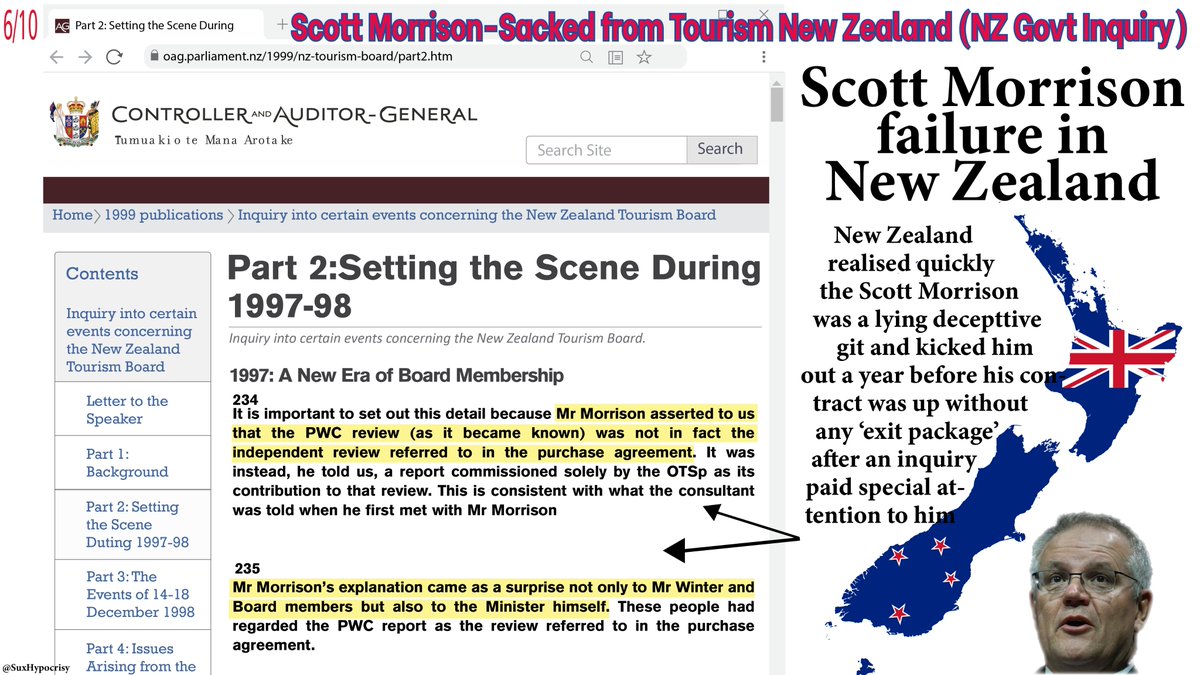 6/As we know,  #ScottyTheMarketing had the opposite journey, sacked from the Managing Director role @ Tourism New Zealand, by the NZ Govt. The scandal surrounding  #ScottyTheBully prompted the New Zealand government to dedicate a chapter in its inquiry to  #LiarFromTheShire