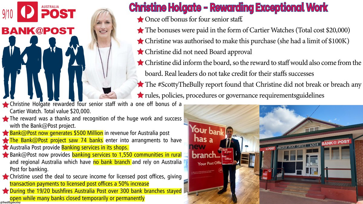 9/The Bank@Post project has;Brought in $500M revenueSigned 74 banksGiven banking services to 1,500 towns that no longer had a bankReplaced 300 branches closed in the fires (Temp+Perm)By any measure it's a gr8 successThe 4 people who were rewarded delivered this project