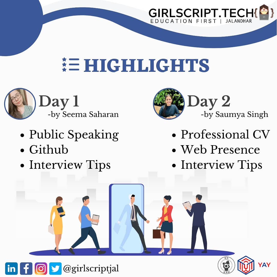 GirlScriptJal's tweet image. Allow yourself to have upper hand in this competitive era. Don’t forget to register for our upcoming event  “CAREER MANTRA”.
Mark the schedule:
DATE : JAN 02 and JAN 03, 2021
TIME : 7:00 PM TO 8:30 PM (each day)
Link: bit.ly/GSCareerMantra
#girlscriptjalandhar #careermantra
