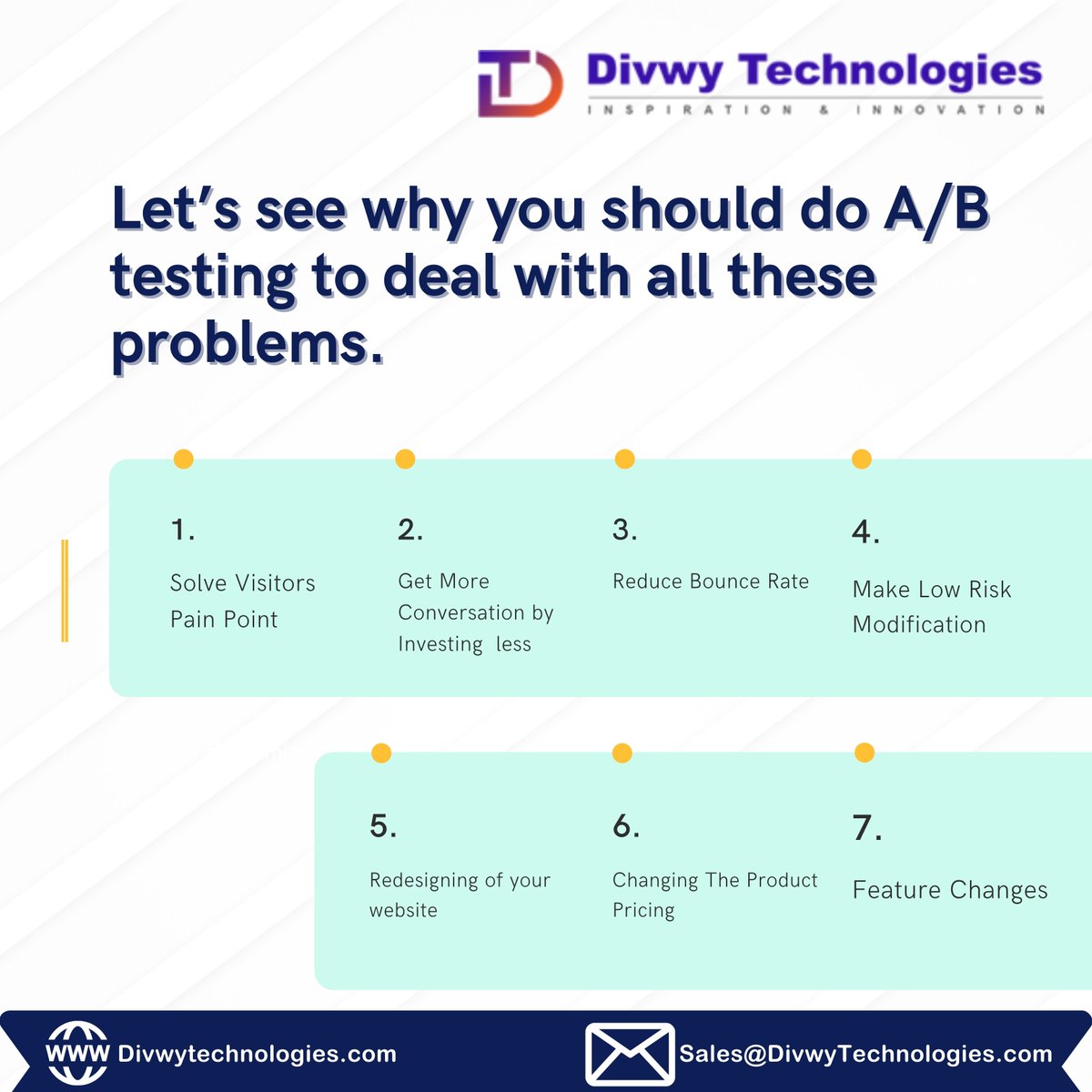 Let’s see why you should do A/B testing to deal with all these problems.

#Divwytechnologies #marketingdigital #business #content #digital #marketing #digitalmarketing #seotips #socialmediamarketing #marketingstrategy #bestdigitalmarketingcompany #SEOcompany #stayconnected
