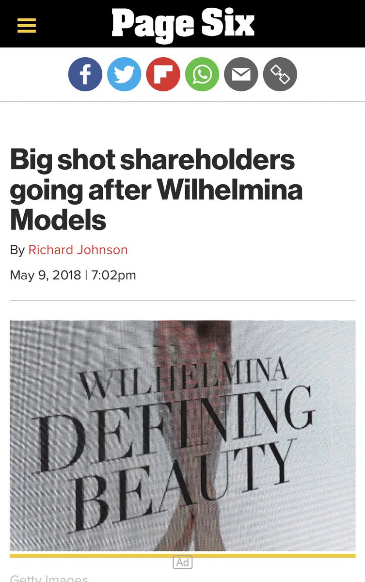 6/ the “Wilhelmina” brand is highly valuable and sought after. For example, Ralph Bartel, founder of  @Travelzoo has built an ~18% stake. I believe the brand hasn’t been utilized nearly enough (especially in the social influencer marketing space)...Link:  https://pagesix.com/2018/05/09/big-shot-shareholders-going-after-wilhelmina-models/