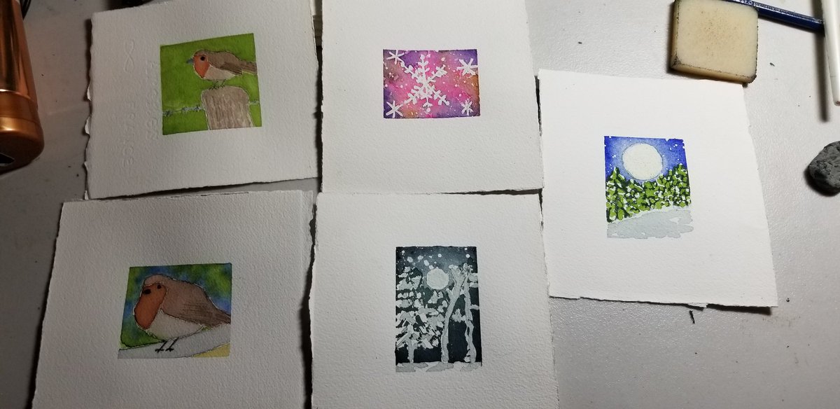 KathrynYantz's tweet photo. Time for sleep my eyes are tired. Five complete tonight. Rest well friends sweet dreams everyone stay warm #artontwitter #art #love #watercolor #painting #nature #wildlife #birds #Robin #moon #moonlightonsnow #snow #snowflake #snowon #beautiful #trees #fullmoon #lovepainting https://t.co/r3I5shNeSq
