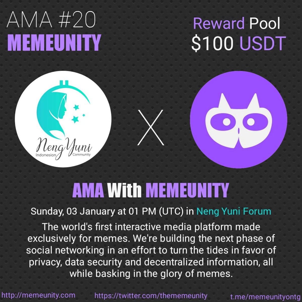 nengyuni_indo's tweet photo. Neng Yuni Forum will hold an #AMA with Memeunity 🥳🥳

🏤Venue:
👩‍ https://t.co/YhPUOlPPk6
📅 03 January 2020
⏰ 1 PM UTC | 20:00 WIB

Rules: 
1. Detail join https://t.co/dAU63Q3mDC
2. Follow Twitter @NengYuni_indo &amp; @thememeunity
3. Like,RT, Comment Question &amp; Tag 3 Friends https://t.co/4uC9htossT