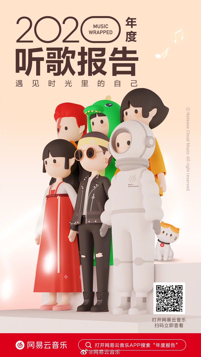 网易云音乐 #2020年度听歌报告 正式上线啦！2020年，我们一起走过了不寻常的岁月，也收获了时光的礼物。今年，你可以设置自己的专属形象，在听歌报告中遇见时光里的自己，回顾这一年与音乐的点滴，捕捉生活中的听歌足迹。快打开网易云音乐APP查收你的2020专属听歌报告吧！t.cn/A6qjiK7P