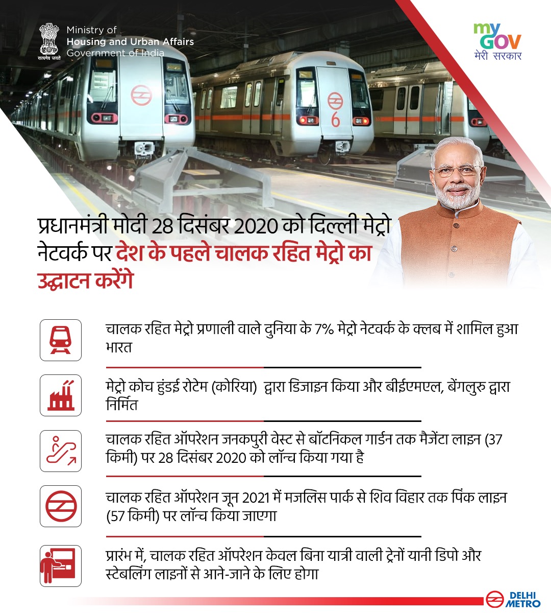 MyGovHindi's tweet image. प्रधानमंत्री @narendramodi अब से थोड़ी देर बाद सुबह 11 बजे दिल्ली मेट्रो की मजेंटा लाइन पर भारत के पहले चालक रहित ट्रेन के परिचालन का उद्घाटन करेंगे। इवेंट को लाइव देखने के लिए लिंक पर क्लिक करें..youtu.be/4TlDuPXMf9I #DelhiMetro #DriverLessTrain #NCMC