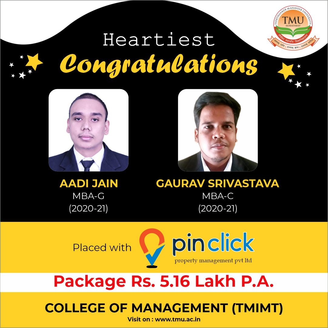 We congratulate you dear students of TMIMT- Aadi Jain and Gaurav Shrivastava for your Success!!
.
.
.
.
.
.
.
#TMU #TMUMBD #TeerthankerMahaveerUniversity #Bestplacmentcollege #Topprivatecollege #Bestmanagmentcollege