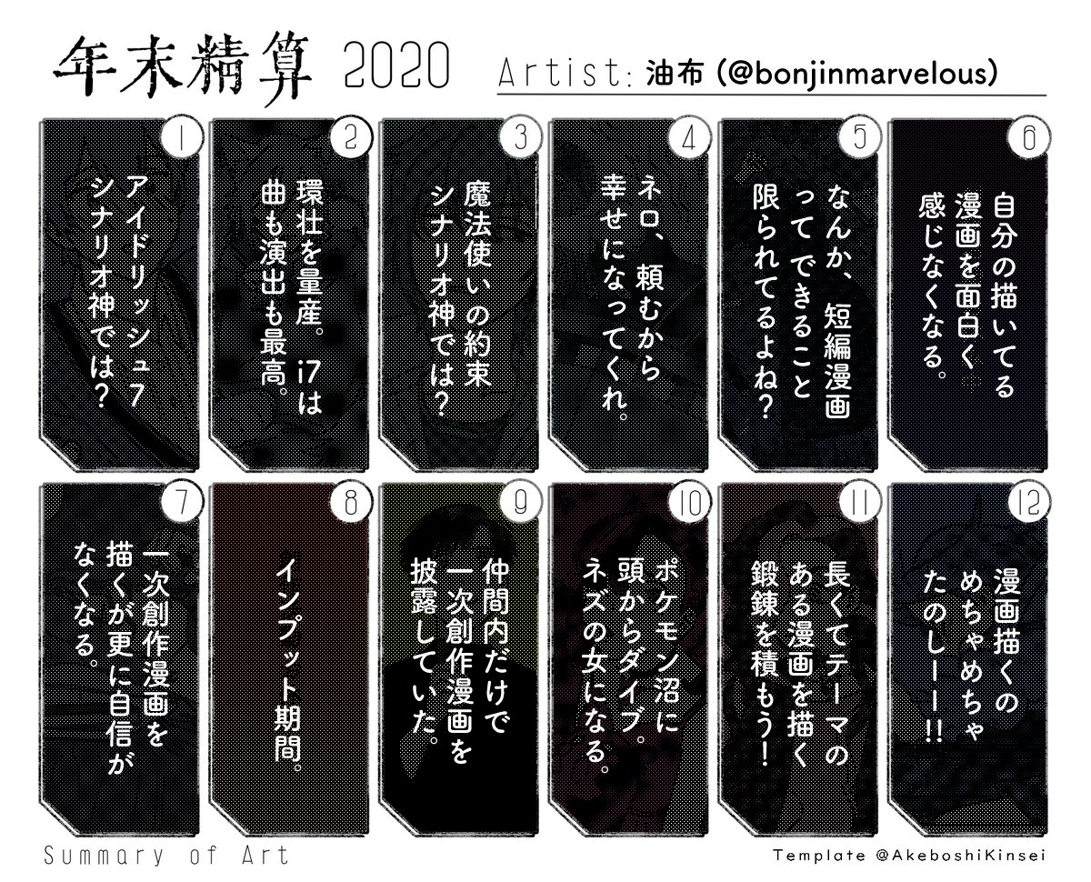 2020年に描いた作品のハイライトを作りました。2枚目はその月考えてたことのメモ。テンプレは 明星さん(@AkeboshiKinsei)のものをお借りしました。ありがとうございます! いやー今年はたくさん描いたねー。 