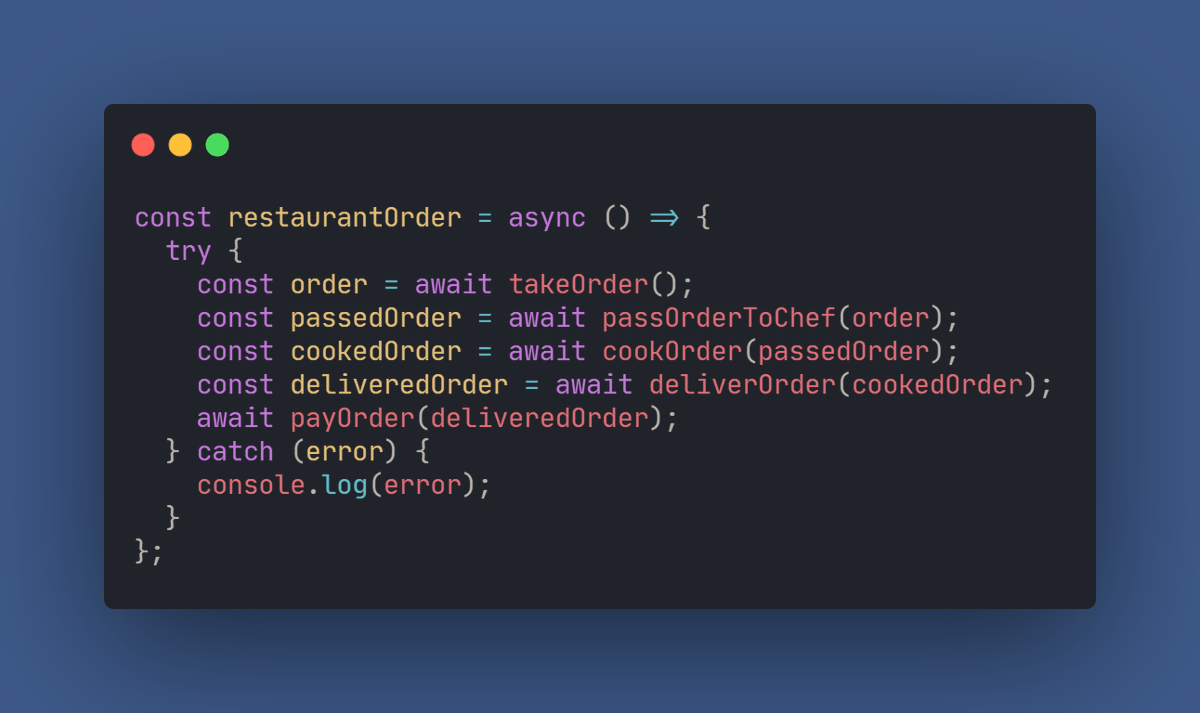  Async/Await.Makes your asynchronous code look like synchronous code.Each line will "await" for the last line to finish.This is my preferred way of writing code and makes error handling a lot easier. (You can nest try/catch blocks if you need).