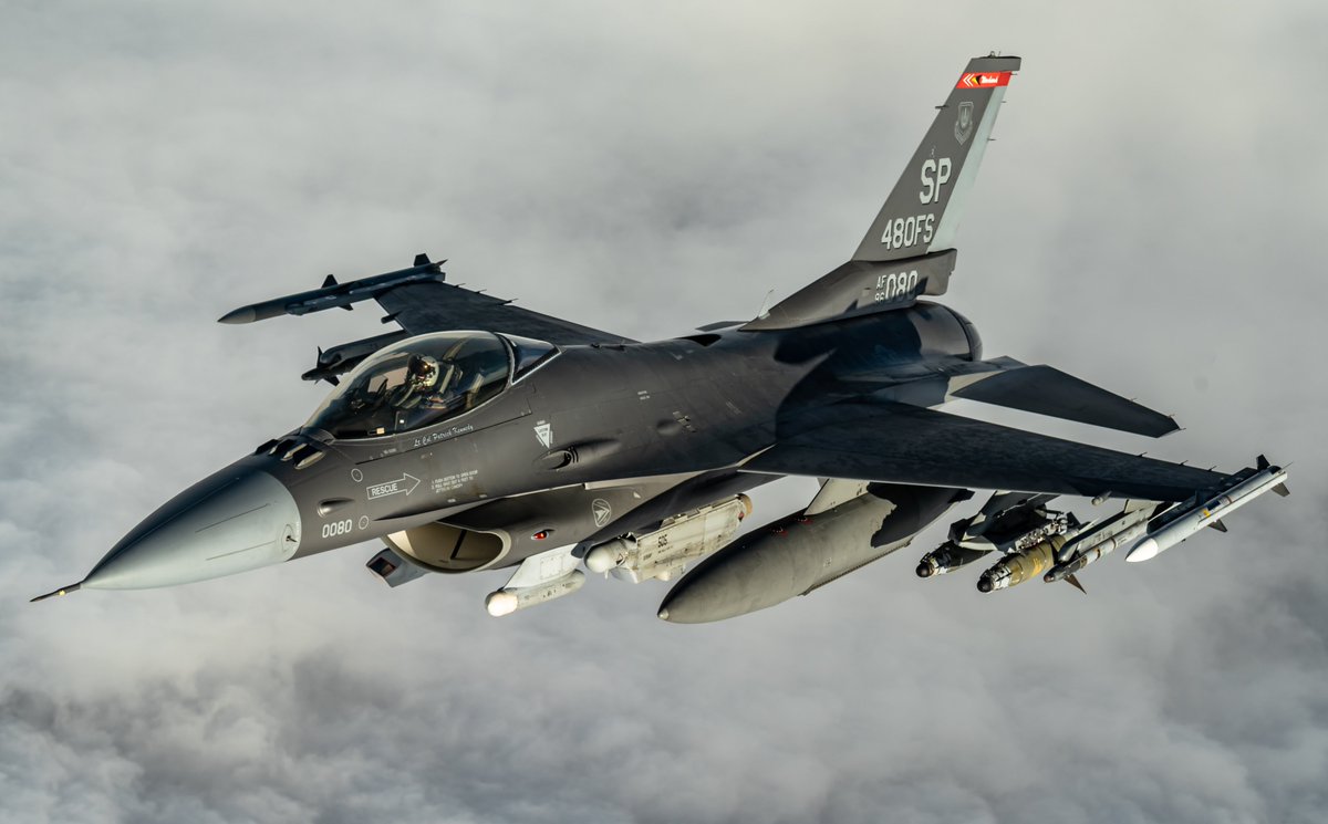 A U.S. Air Force F-16 Fighting Falcon departs after receiving fuel from a U.S. Air Force KC-135 Stratotanker, assigned to the 50th Expeditionary Aircraft Refueling Squadron, during an air refueling mission over Southwest Asia, Dec. 22, 2020.