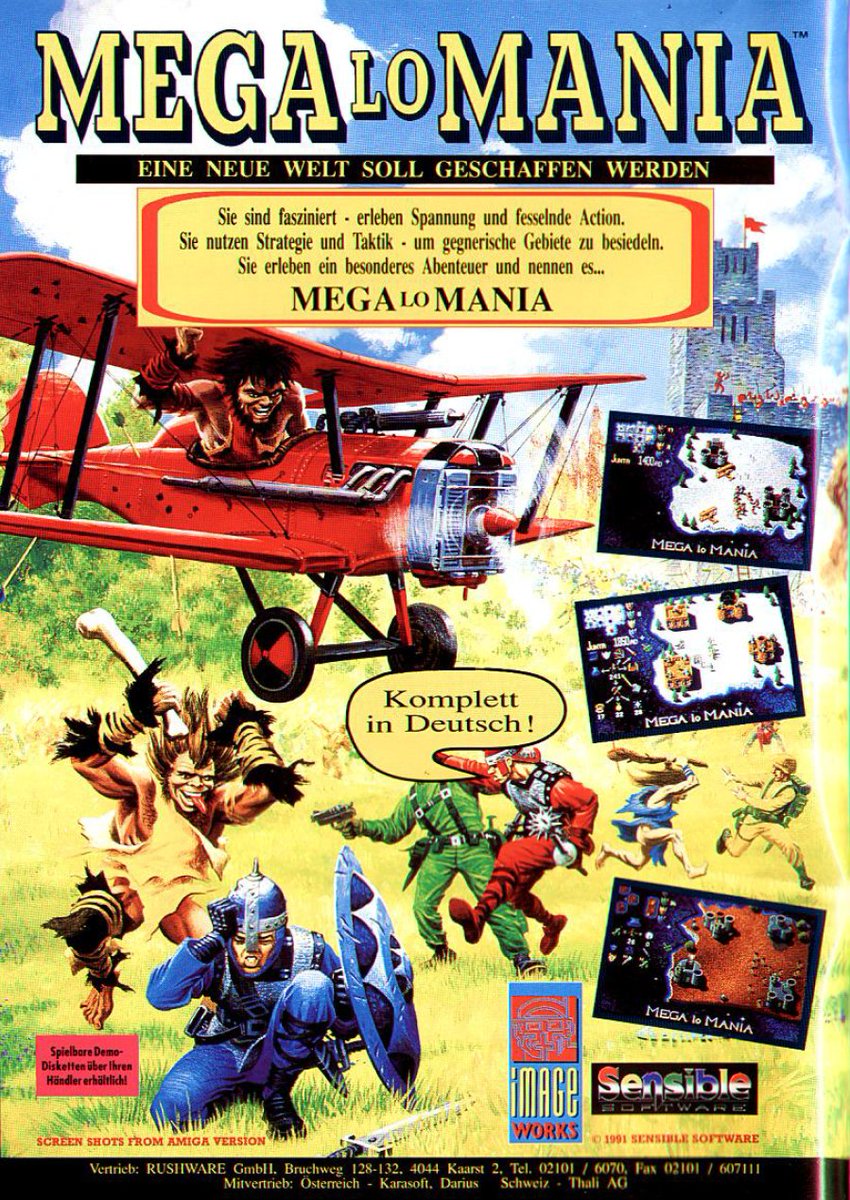 TakodanTweets's tweet image. 1991 German advert for the game 'Mega-Lo-Mania' by #SensibleSoftware #ImageWorks for #Commodore #Amiga