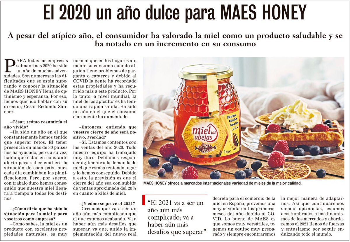 MAES HONEY (@maeshoney_miel) on Twitter photo Gracias por hacer que hayamos despedido un año dulce debido a vuestra confianza. Con vuestra ayuda nuestra miel ha estado presente en más de 30 países. Sin proveedores, clientes y nuestro equipo no habría sido posible.
<a href="/LaGacetaSA/">La Gaceta de Salamanca</a> Gracias por hacer que hayamos despedido un año dulce debido a vuestra confianza. Con vuestra ayuda nuestra miel ha estado presente en más de 30 países. Sin proveedores, clientes y nuestro equipo no habría sido posible.
<a href="/LaGacetaSA/">La Gaceta de Salamanca</a>