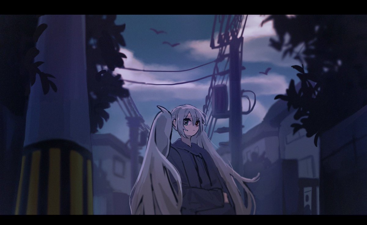 hatsune miku 1girl solo twintails long hair power lines utility pole outdoors  illustration images