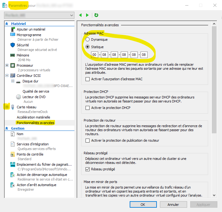 RaspiWin's tweet photo. @dodutils Par défaut, une machine virtuelle Hyper-V utilise des adresses MAC dynamiques. Mais il est possible de les rendre statiques depuis les fonctionnalités avancées de la carte réseau (accessibles dans les paramètres de la machine virtuelle). https://t.co/li9rEjJILR