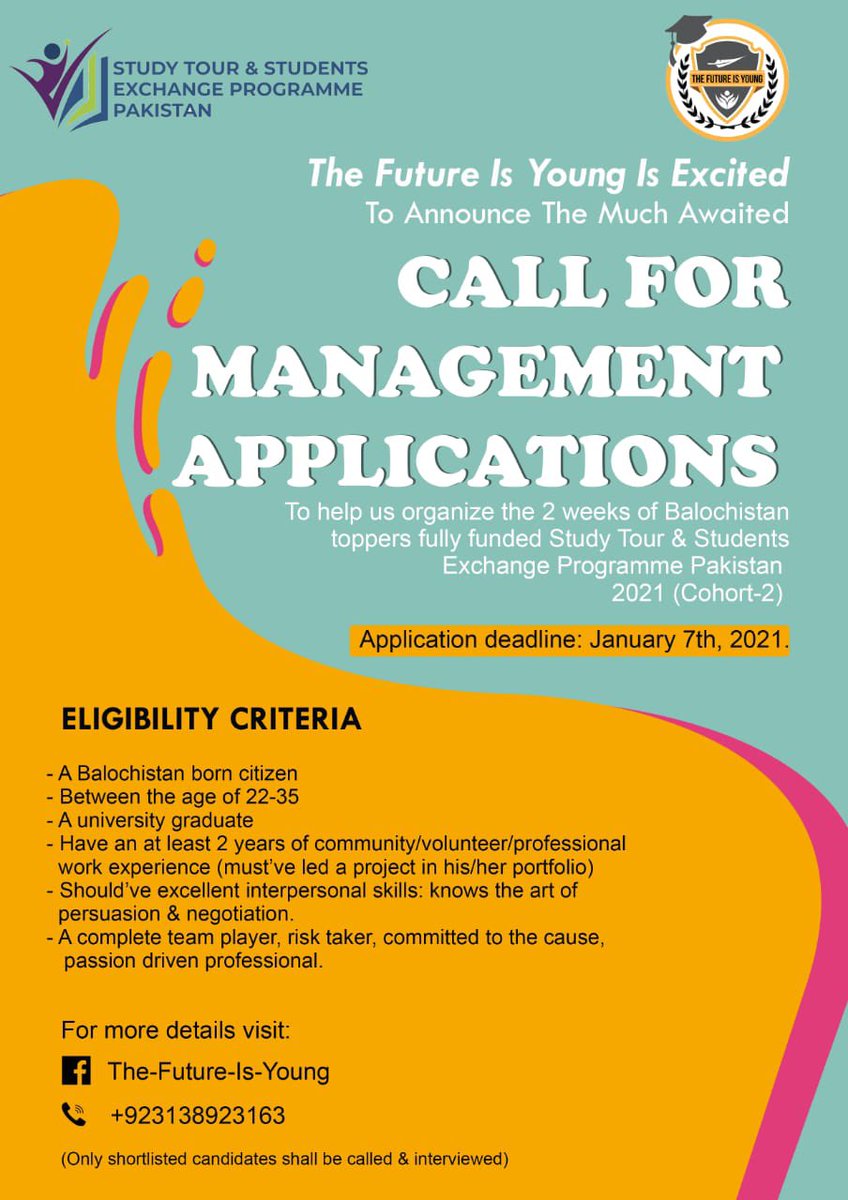 ArifHNasry's tweet image. Dear All!

The wait is finally over. The management call applications opening today at 6pm. Stay tuned! 🤩 

facebook.com/The-Future-Is-…

#TheFutureIsYoung
#StudyTourPakistan
#StudentsExchangeProgramme
#StudentToppersDelegation
#CallForManagement