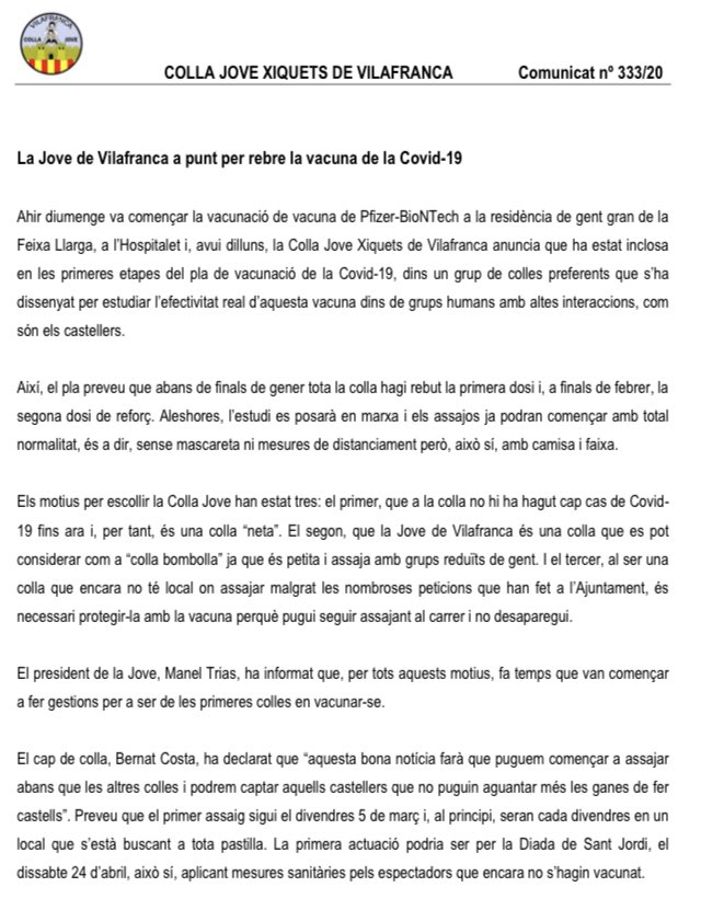 JOVEVILAFRANCA's tweet photo. Bones notícies! 

La Jove de Vilafranca ha estat seleccionada per vacunar-nos tots al gener! 

Això vol dir que aviat tornarem a assajar! Amb camisa i faixa!

Anem amunt! 

#castellers #castelleres #fem10anys #CJDV #cjdv #anemamunt https://t.co/khlQy4My2K