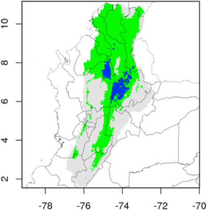 In this map we can see in blue the current occupation area, in green the potential occupation area, and in gray those areas not susceptible of being occupied.