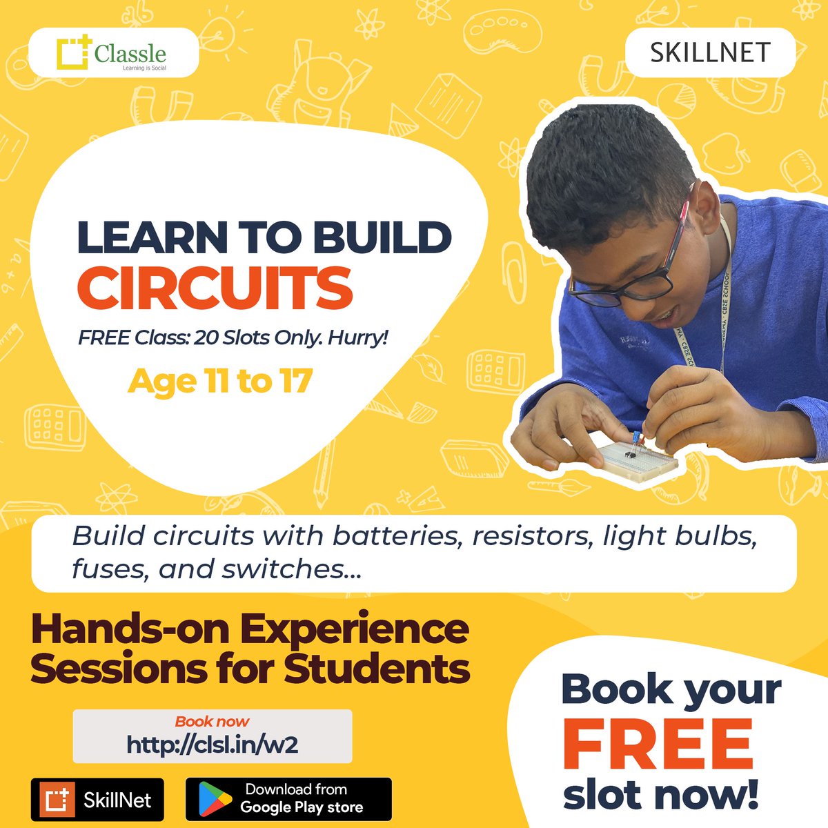 classletweets's tweet image. Learn to build circuits with batteries, resistors, light bulbs, fuses, and switches with a remote workbench.
Enrollments for Circuit Construction Skills session on 5th Jan, 2021 is open now! Download SKILLNET App to enroll into the Session. @classletweets
#Skills #CircuitBasics