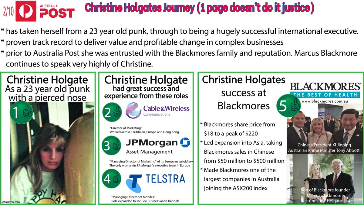 2/Christine’s journey to successful global executive is impressive & fascinating.From a young punk with nose piercing 2 managing director roles & chief executive, Christine's atypical path has given her strategic and implementation skills that was clearly working in Aussie Post
