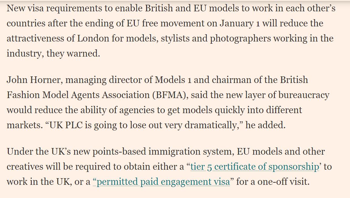 So this is the issue. After Jan 1 models will need Tier5 sponsorship to come to UK and UK models in EU will need to follow national rules of 27 different EU member states. That doesn't make it impossible - but it's a hassle /2