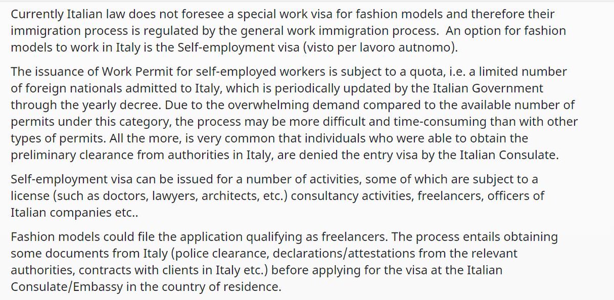 So here for example are the rules for Italy....(h/t  @SamuelMarcLowe ) give them a read and you can see how much has changed.../3 https://www.mazzeschi.it/visa-for-fashion-models/