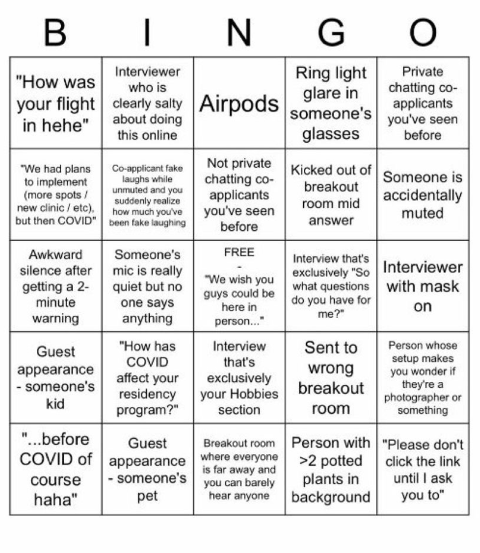 Play #ERAS2021 BINGO! 
Thanks to  Mark E. McIntyre II, MS/MBA @sdr_mac1 for sharing! 

#Match2021 #MedEd #MedStudents