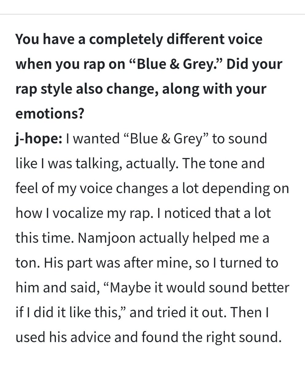 + In Hobi’s Weverse interview, he mentioned that he & Joonie worked closely to figure out the exact execution of Hobi’s verse here. And I love that that sense of apathy, different to Yoongi’s tone of heavy familiarity & the undercurrent of resilience, is so present in his voice.