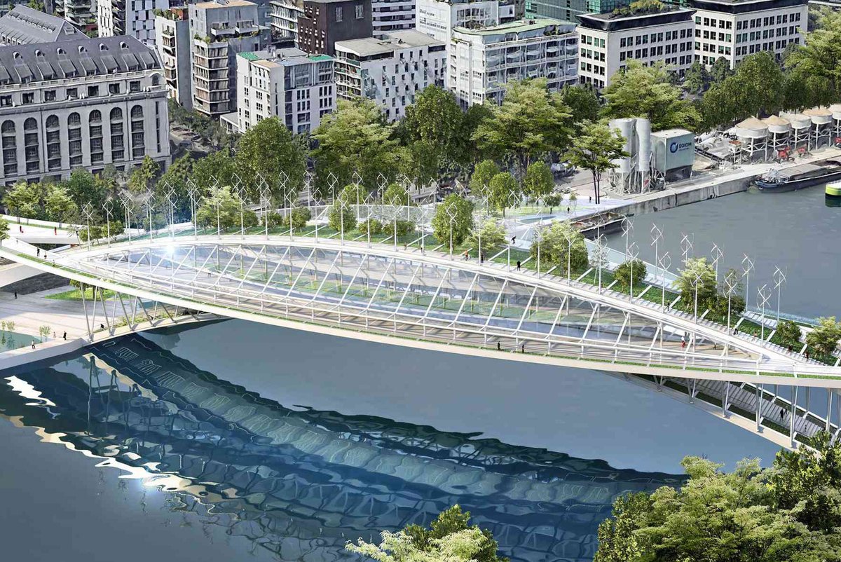 Projet de passerelle par Vincent Callebaut entre les 12e et 13e arrondissements au niveau des Grands Moulins dans le cadre du concours international Reinventing Cities: C40, qui comprend la création de 3 passerelles innovantes au dessus de la Seine à Paris. (projet non validé)