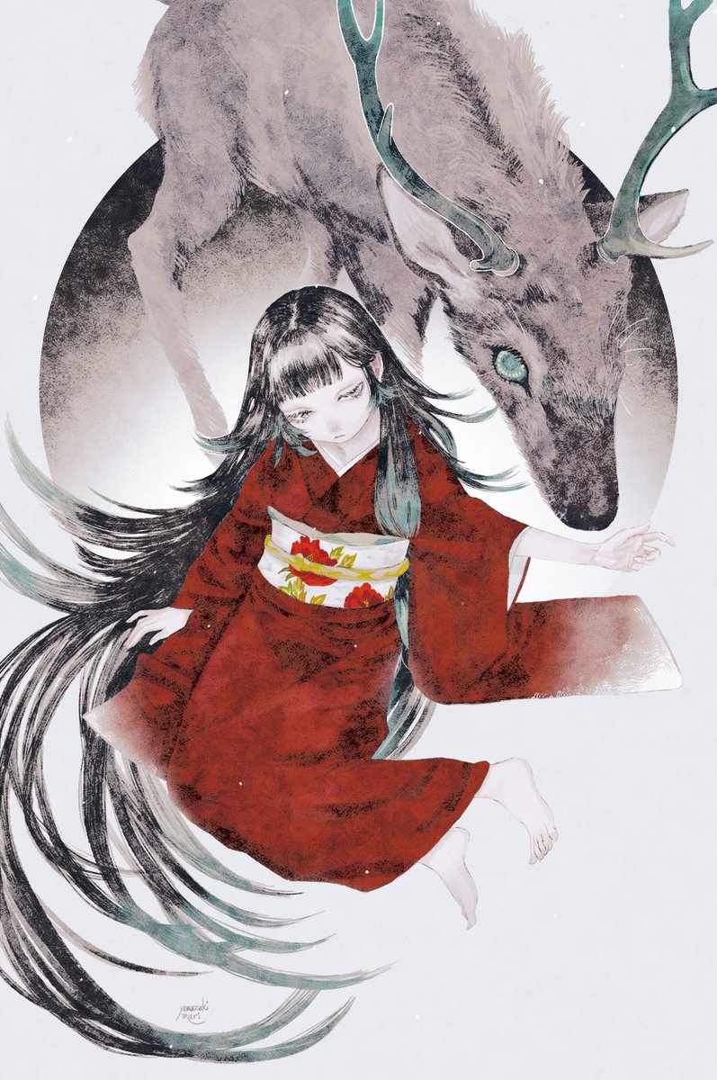 1girl japanese clothes long hair kimono black hair barefoot red kimono  illustration images