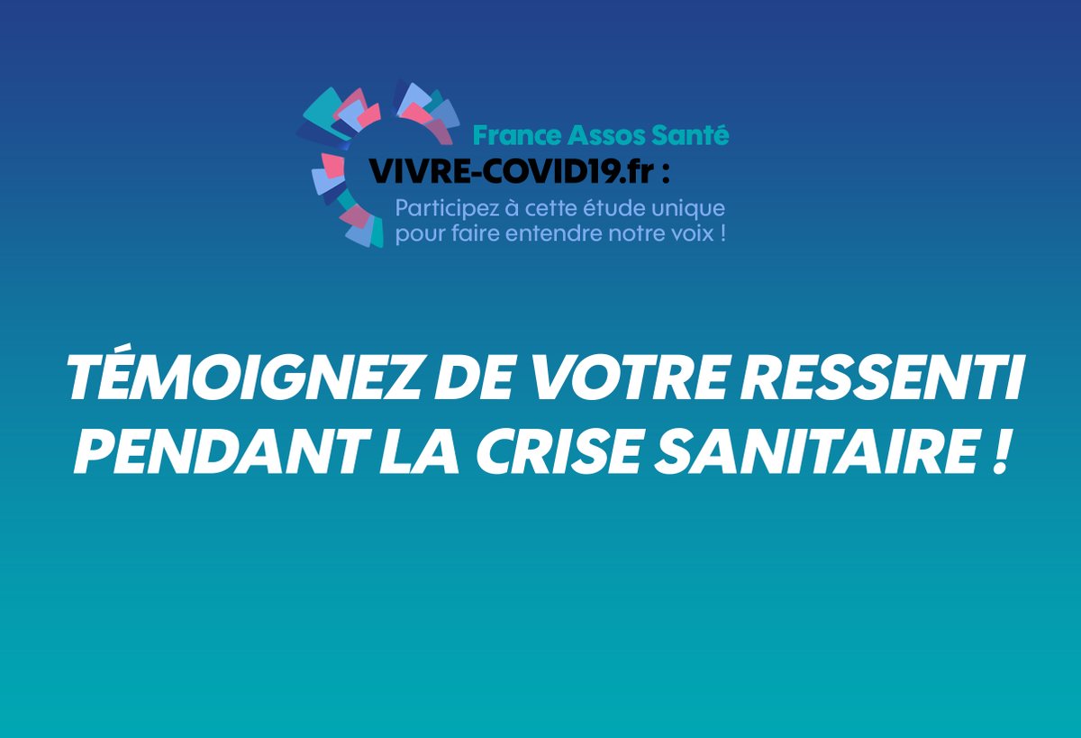Fr_Assos_Sante's tweet photo. Participez à l’étude « Vivre-Covid19 » pour témoigner de votre ressenti face à la crise sanitaire et
contribuer ainsi à la réflexion sur l’avenir de notre système de soins !
Inscrivez-vous à l’étude : https://t.co/xaBhEOnD5E #jeparticipe_vivrecovid19 #COVID19 https://t.co/Z2AmWoGnKX