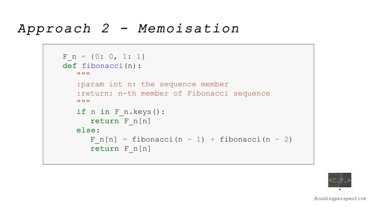 CodingPerspect's tweet image. How about using memory? Can we still make it better? Yes, we can! Check our latest video about the Fibonacci sequence: youtube.com/watch?v=vYhaNV…

#codingperspective #python #programming #coder #codingeffectively #coding #fibonacci #recursion #recursive #functions #algorithms #learn