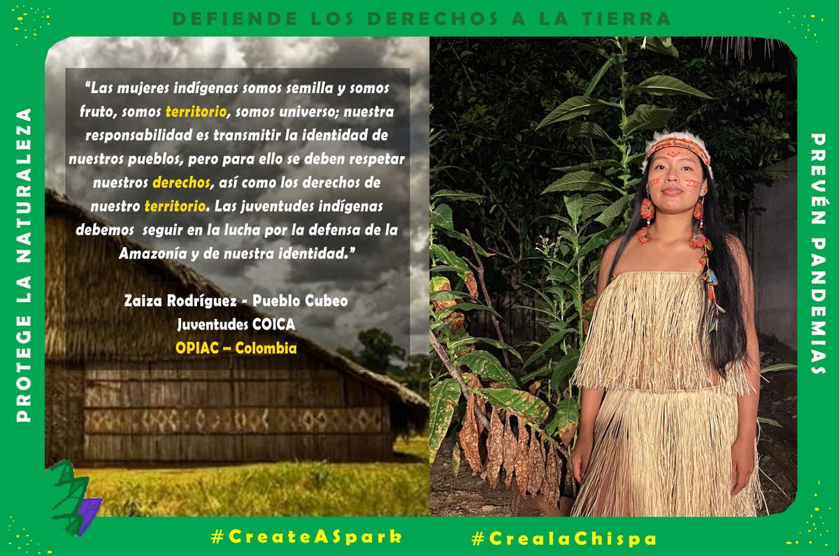 'Las mujeres  indígenas somos semilla y somos fruto, somos territorio, somos universo.'

La Juventud di @coicaorg defende la Amazonia y la identidad indígena 

#CreaLaChispa #CreateASpark
#DerechosALaTierraYa #LandRightsNow