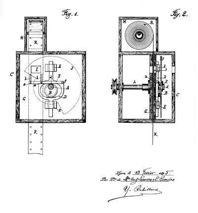 Quand il rentre à Lyon, il met ses fils sur le coup, et à eux deux, ils mettent au point une machine permettant à la fois la captation de l’image, mais aussi et surtout sa projection.Le 30 mars 1895 est déposé le brevet pour le CINÉMATOGRAPHE !