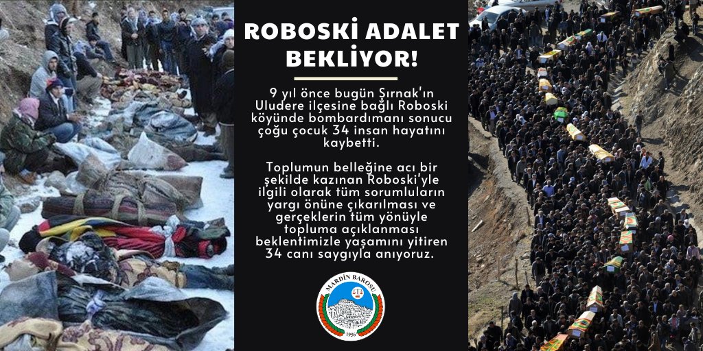 Mardinbaro's tweet image. Toplumun belleğine acı bir şekilde kazınan Roboski&apos;yle ilgili olarak tüm sorumluların yargı önüne çıkarılması ve gerçeklerin tüm yönüyle topluma açıklanması beklentimizle yaşamını yitiren 34 canı saygıyla anıyoruz. #Roboski #RoboskiİcinAdalet