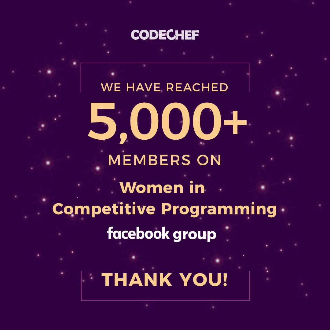 codechef's tweet image. Every little positivity counts as a blessing in 2020! We hope to step into 2021 with more and more participation from Women in Competitive Programming. For now, 5000+ is a number to celebrate!
Join the group here: facebook.com/groups/womenin…

#CodeChef #WomenInCompetitiveProgramming
