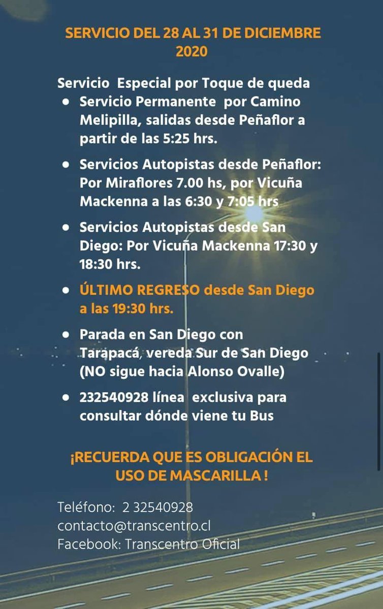 TTISantiago's tweet photo. ATENCION pasajeros de servicios de #Transcentro en #Peñaflor. Por nuevo horario de inicio del #ToqueDeQueda, último regreso desde San Diego será a las 19:30 hrs. https://t.co/oQEOFtSQH4