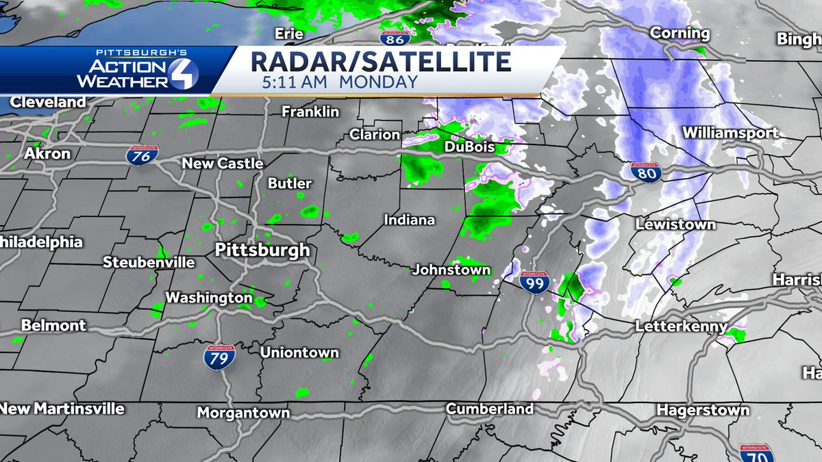 CamTranTV's tweet photo. A very mild start to the morning with temperatures in the mid upper 40s with some spotty light rain showers. Rain showers will end by mid day and we'll see some very light snow flurries/showers this evening. Little to no accumulation expected. 
#pawx #amrain #pmsnow https://t.co/qG9abemS2x