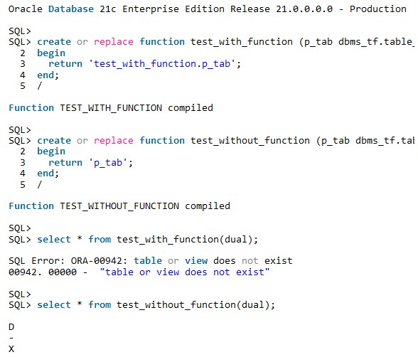 Andrej_SQL's tweet image. Prefixing a parameter with a function name in return string of a SQL macro doesn't work anymore in #Oracle21c. Is it intentional?
@connor_mc_d @ChrisRSaxon