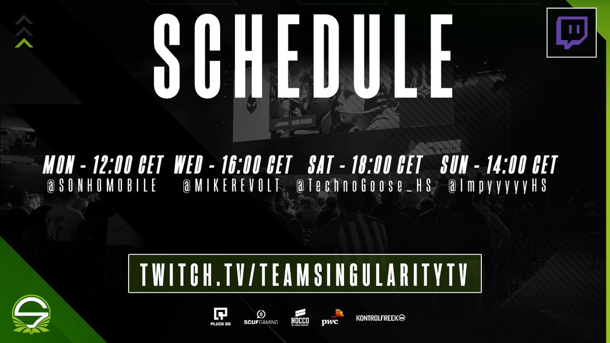 Good morning #SNGARMY ☕
The schedule for this week:

<a href="/SonhoMobile/">Sonho</a> 
<a href="/MikeRevoIt/">mike</a> 
<a href="/TechnoGoose_HS/">Johann Biörck</a> 
<a href="/ImpyyyyyHS/">Sigurd Riber</a> 

See you later! 
📺 twitch.tv/TeamSingularit…