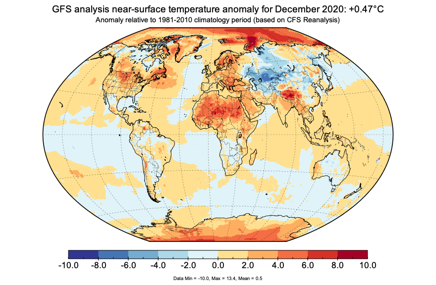 (3/9) December turned out to be the only month this year with a considerable cold anomaly over Eurasia, a feature which tends to dampen global temperature in most circumstances. On top of that, we are in a moderate La Niña state which acts to cool as well.  http://www.karstenhaustein.com/climate&nbsp;