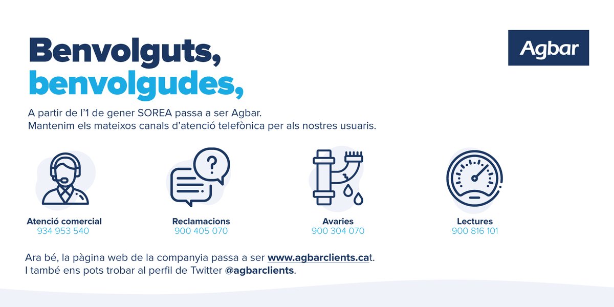 AjCalafell's tweet photo. A partir de l’1 de gener, Sorea s’integra en el grup empresarial al qual pertany, Agbar. A partir d’aquest dia la concessionària del servei municipal d’aigua i clavegueram de #Calafell operarà sota la marca Agbar. El canvi no implica cap modificació del servei ni dels contractes. https://t.co/9ZczppZBMW