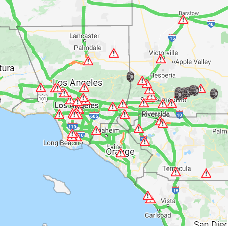 NWSSanDiego's tweet photo. Fairly staggering amount of accidents for 3 AM in the morning. Remember, you're not at the helm of a speedboat! After extended dry periods, oil accumulation on roads results in slick conditions when it rains. #SlowDown #OnlyinSoCal #CArain #CAwx #LArain https://t.co/Ha7GWjDBnh
