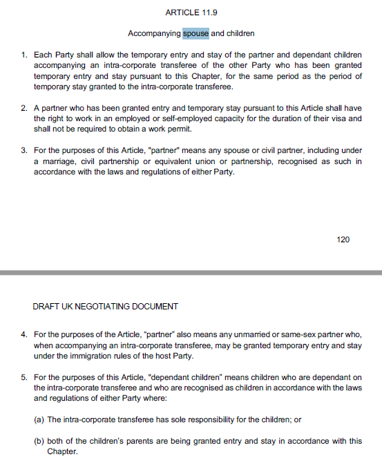 3. Provisions for services. Significantly watered down from initial texts. The final offer on temporary movement of business visitors (Mode 4) is less generous than EU-Japan. Also, forget about accompanying spouses, children, etc, that the UK had proposed initially. /21