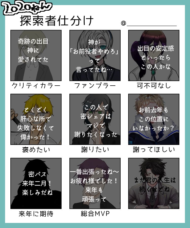 2020年探索者仕分けしました!!割と皆出目荒れてて悩んじゃったな いや〜色々ありましたけど楽しかったな!!! 