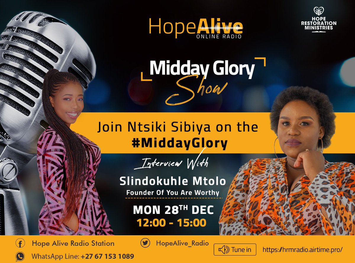 HopeAlive_Radio's tweet photo. Welcome to #MiddayGlory on #MosadiMonday edition 😍💞. Join @ntsiki_sibiya and Slindokuhle Nolitha Mtolo on #HopeAliveRadio She is this year's Devoted citizens Nominee and founder of You Are Worthy.
Tune in :https://t.co/O1PJbNyhNN
WhatsAppline: 067 153 1089
#DevotedCitizen https://t.co/cfeRlaVDaj