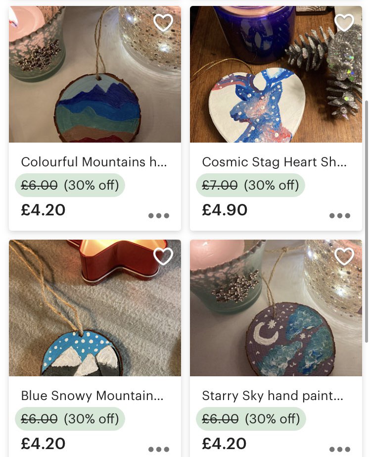 Hello Art Twitter! 🎨 👋 it’s been a while and I hope you had a wonderful Christmas 🎄 I’m running a sale on my Etsy shop ✨ 30% off on decorations/ornaments! 🥰🛍 #ArtistOnTwitter #etsy #woodsliceart 

etsy.me/2C6FH18