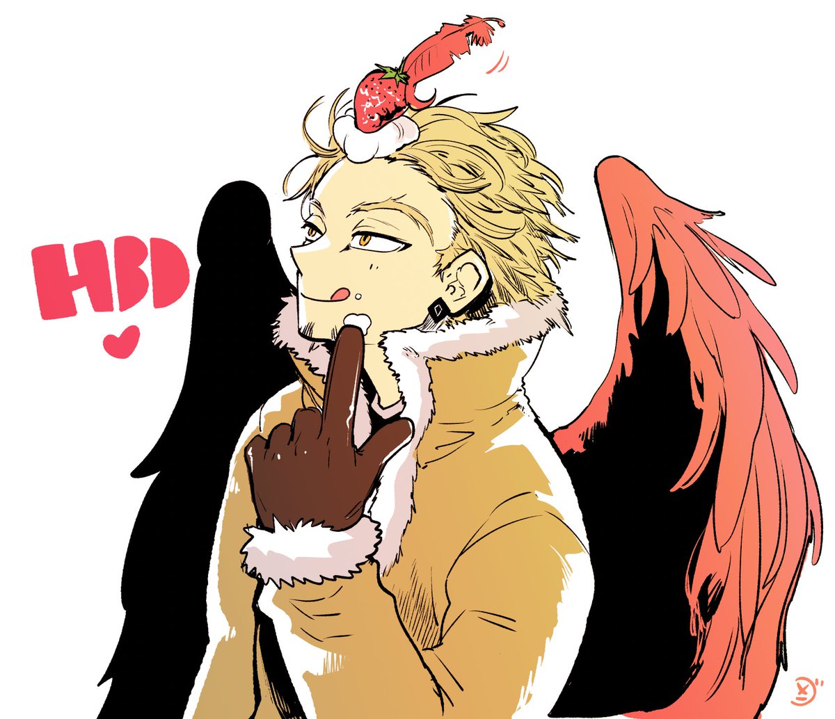 hawks (boku no hero academia) 1boy male focus blonde hair wings tongue out gloves food  illustration images