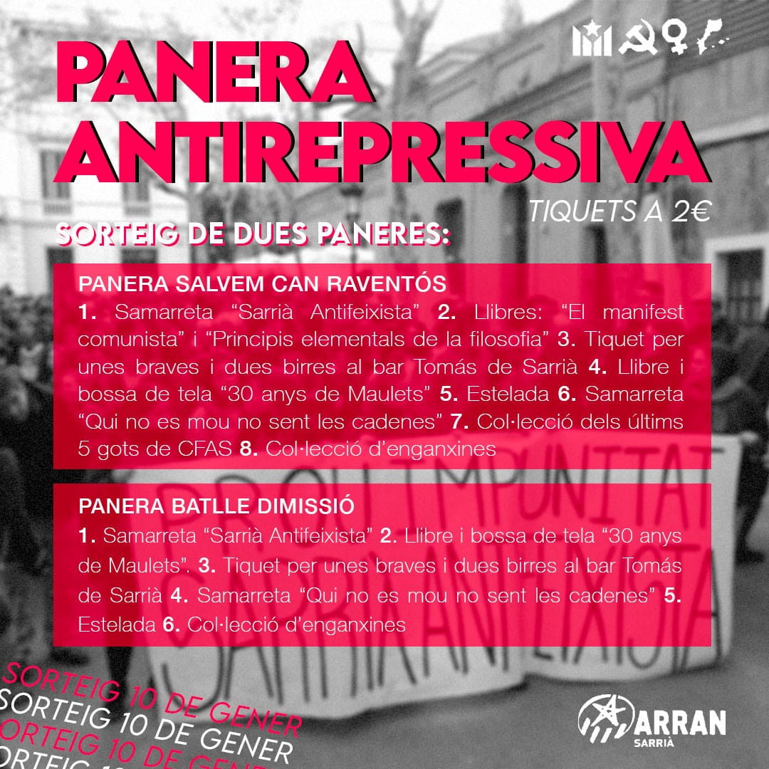 També la pots aconseguir participant a la PANERA ANTIREPRESSIVA per només 2€!

🗓️El 10 de gener sortegem dues paneres per omplir la nostra caixa de resistència!

📩Envia’ns un DM per aconseguir un tiket. UN TIQUET ET DÓNA L’OPCIÓ D’ACONSEGUIR UNA DE LES DUES MAGNIFIQUES PANERES.